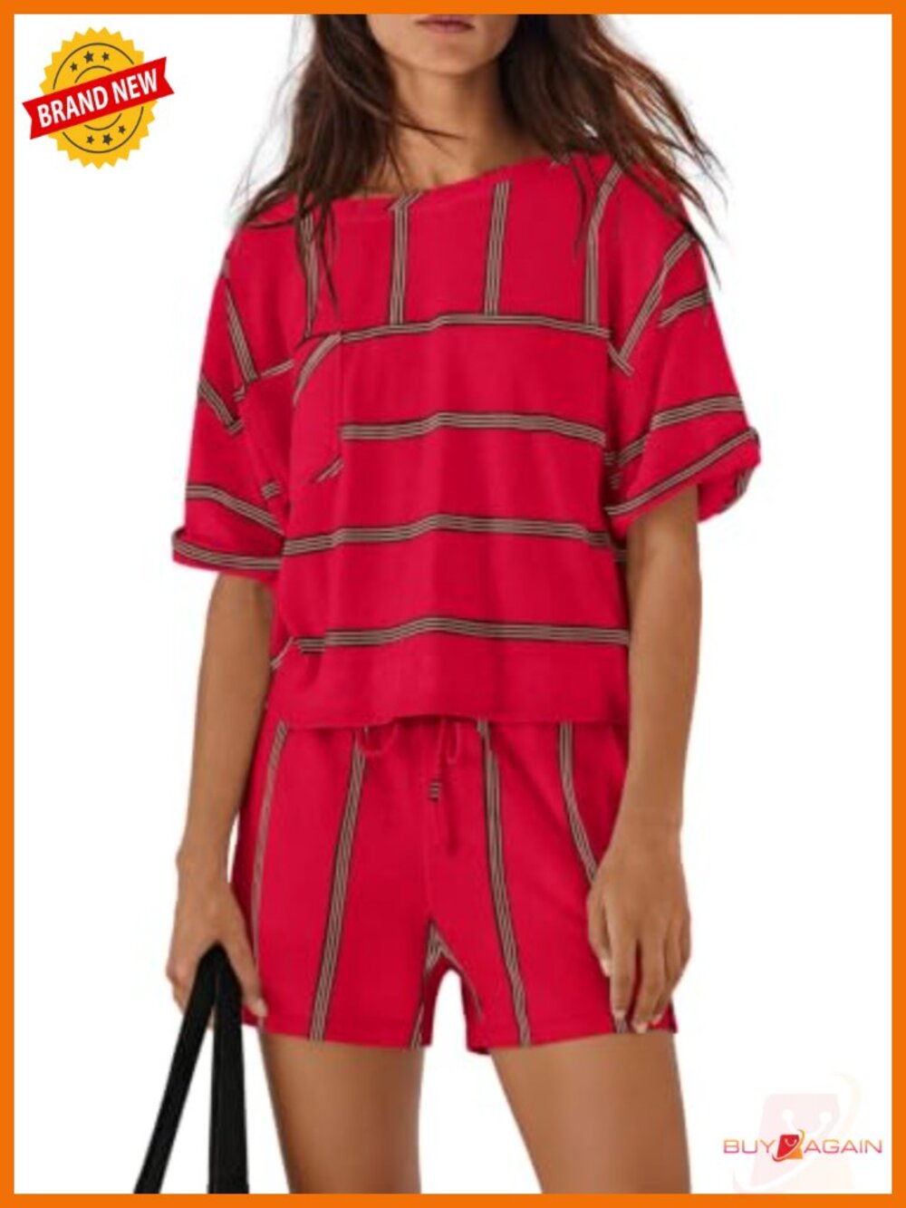 Womens Striped Lounge Set 2 Piece Short Sleeve Top & Wide Leg Shorts Casual
